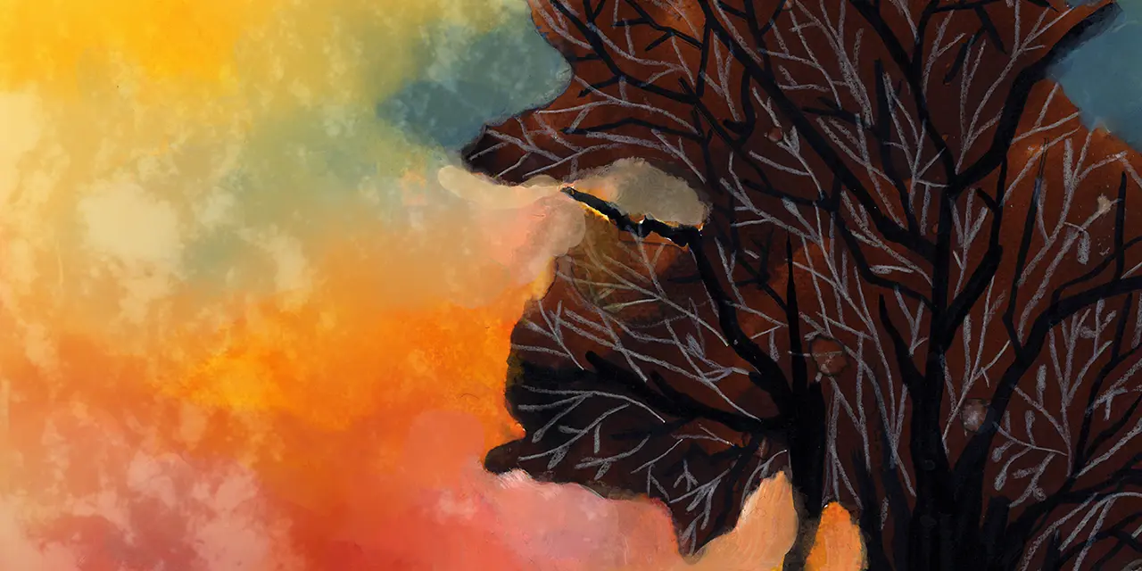 Illustration d'une feuille d'arbre noircie sur fond de couleur multicolore