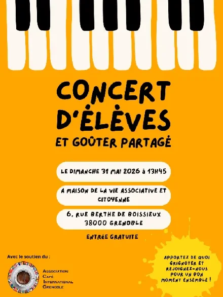 Concert d'élèves et goûter partagé. Apportez de quoi grinoter et rejoignez-nous pour passer un bon moment.