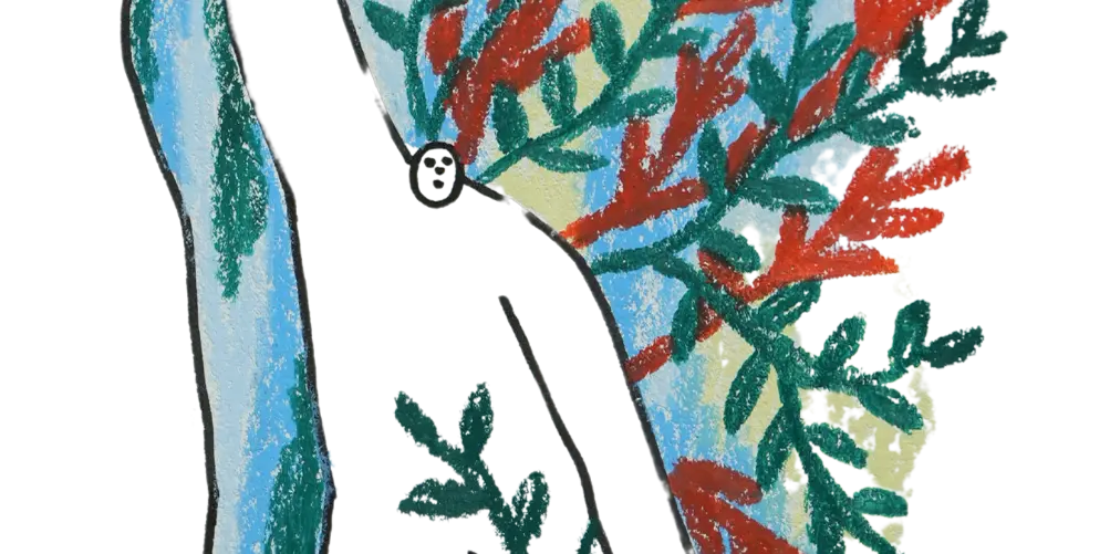 Illustration d'un grand bonhomme blanc avec une toute petite tête devant des feuilles rouges et vertes.