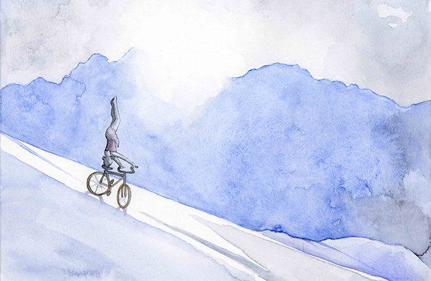 Aquarelle de sommets bleus, une silhouette acrobate sur un vélo