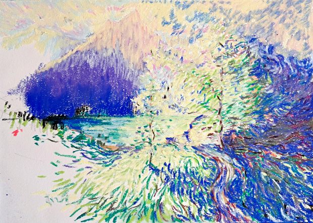 Oeuvre pastel sur papier, représentant un paysage abstrait. Crédit : Paul de Chatelperron