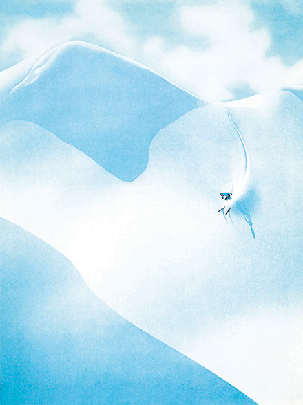 Aquarelle d'un skieur descendant une pente enneigée