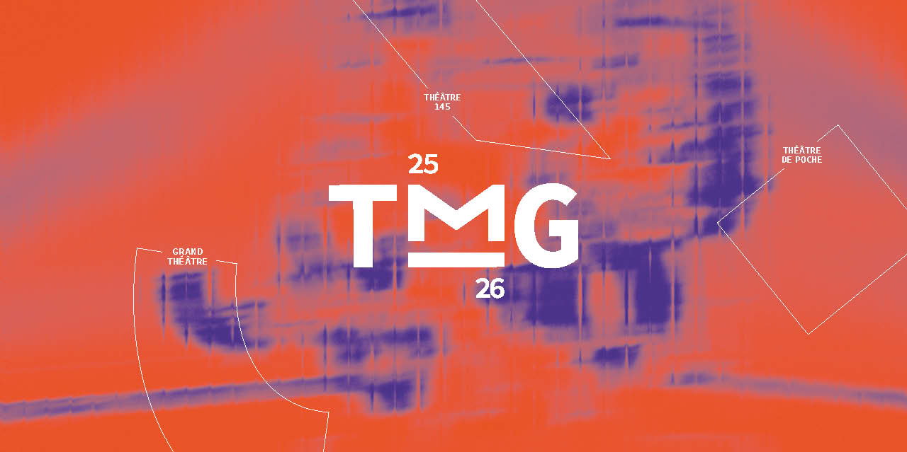 Visuel de la saison 25/26 en orange et violet qui comporte le logo du TMG, les noms de ses 3 salles : le Grand Théâtre, le Théâtre 145 et le Théâtre de Poche et le logo de la ville de Grenoble.
