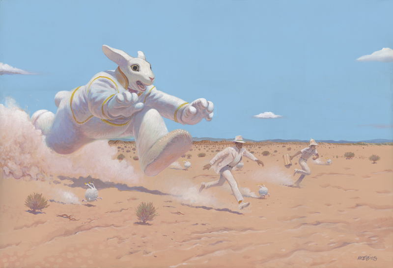 Planche de BD représentant un lapin blanc géant courant après deux hommes dans le désert.