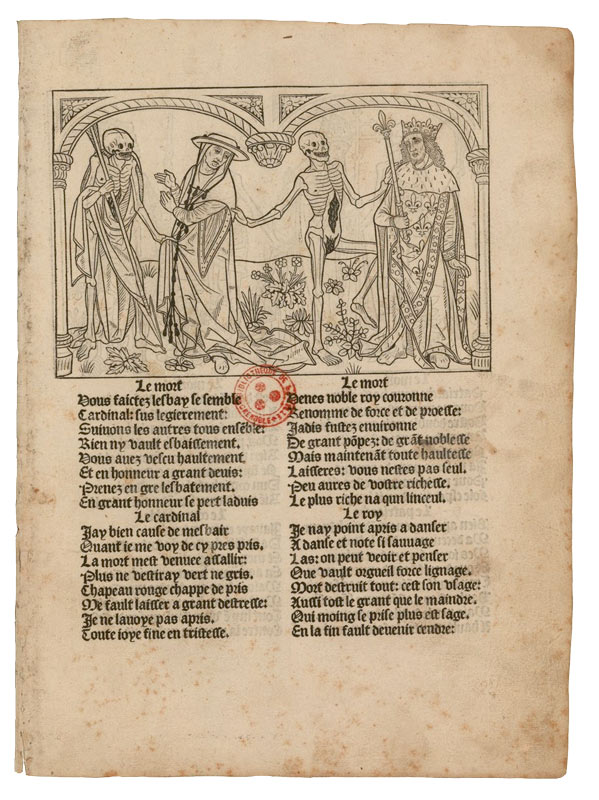Une page de l'ouvrage montre une illustration composé de deux squelettes, d'un roi et d'une personne du peuple.