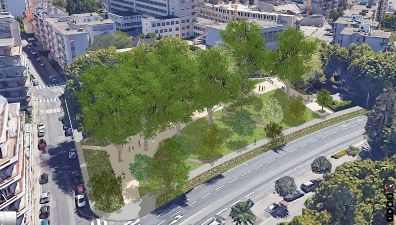 De nombreux arbres composent le futur square sur cette vue de projection.