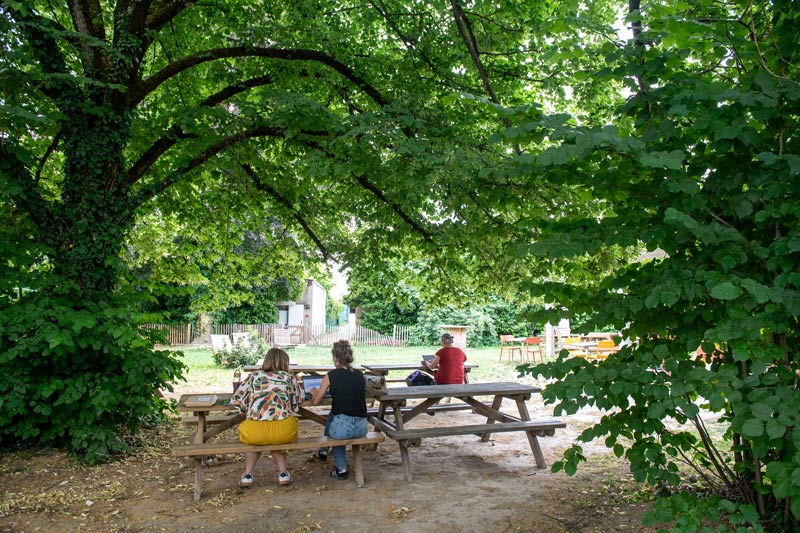 Des personnes sont assises à des tables de pic-nic, sous les arbres.