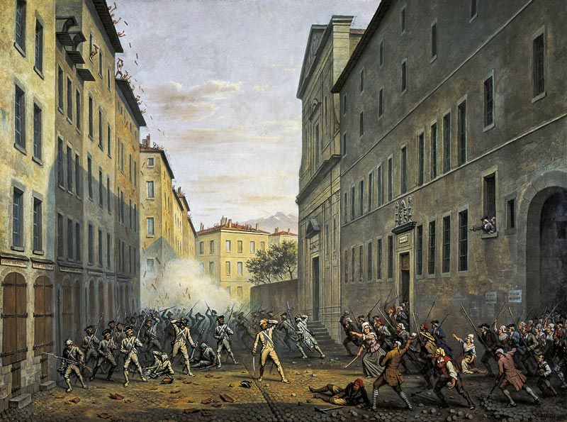 Une peinture montre un affrontement en ville.