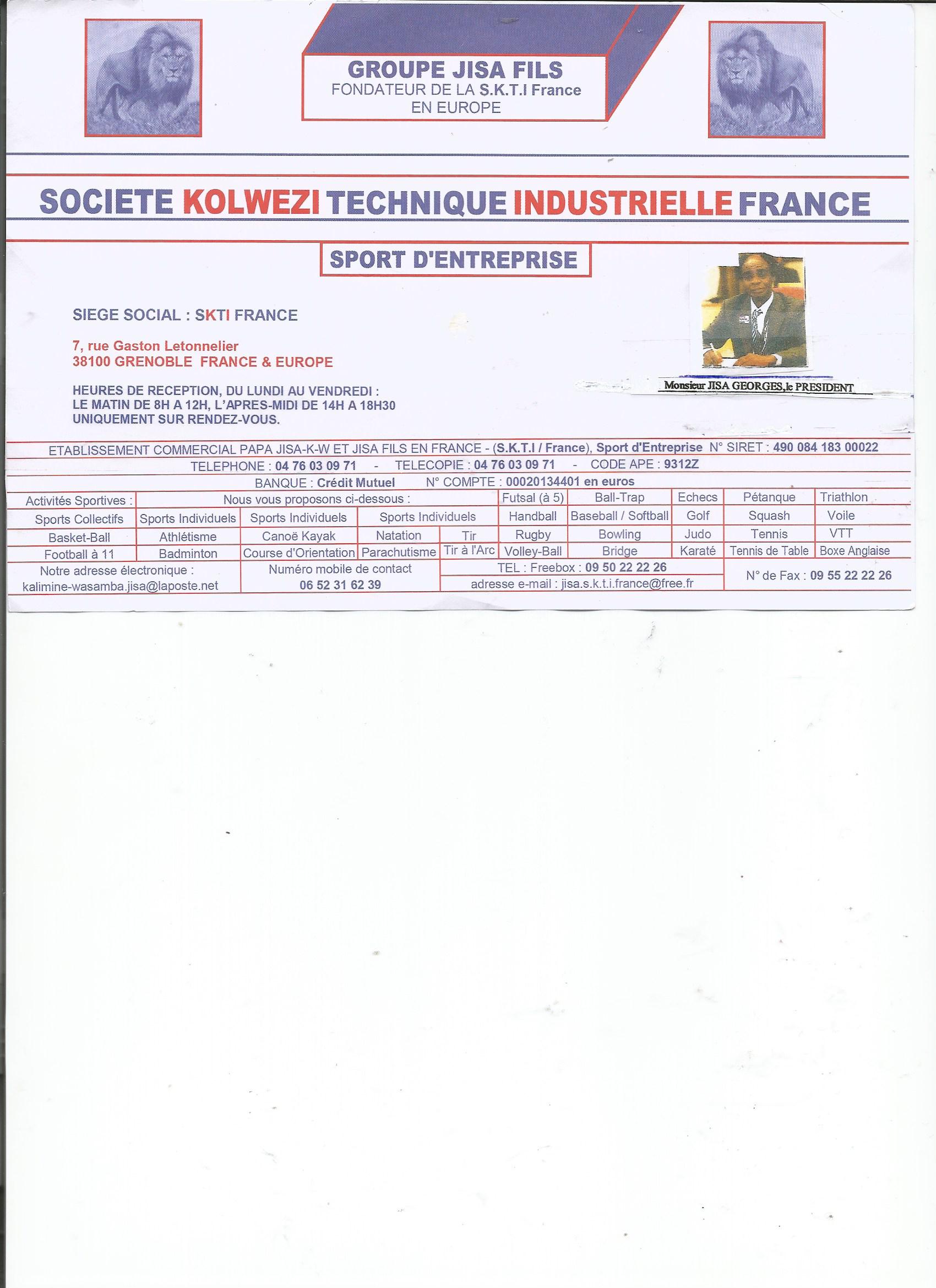 SOCIETE KOLWEZI TECHNIGUE INDUSTRIELLE FRANCE SPORT D'ENTREPRISE