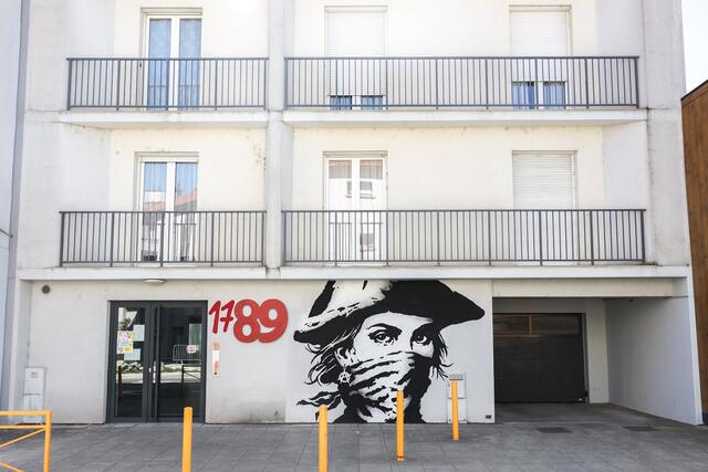Photo d'une fresque murale représentant une femme révolutionnaire masquée d'un foulard.