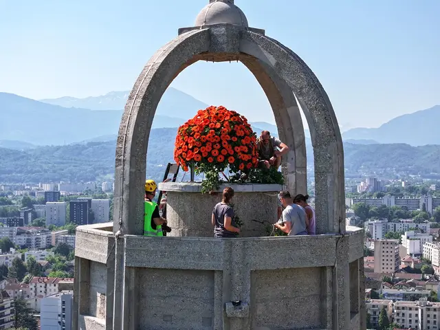 Photo d'un énorme bouquet de fleurs orangées en haut de la Tour, par une équipe technique.