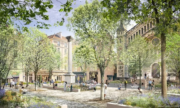 Dessin de la place de Metz transformée. Le coeur de place est piétonnisé pour réserver l’espace aux piétons et piétonnes à l’ombre des arbres.