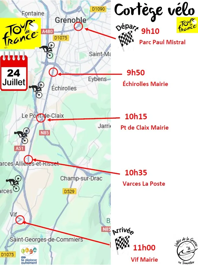 Le cortège part du parc paul mistral à grenoble à 9h10, 10h15 à la mairie de pont de claix, 10h35 à la poste de varces et arrivée 11h à la mairie de vif