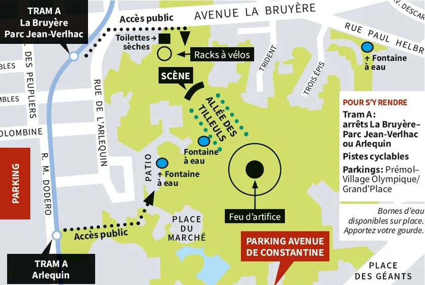 Pour se rendre au parc Jean Verlhac par le tram A : choisir les arrêts Arlequin ou La Bruyère. 